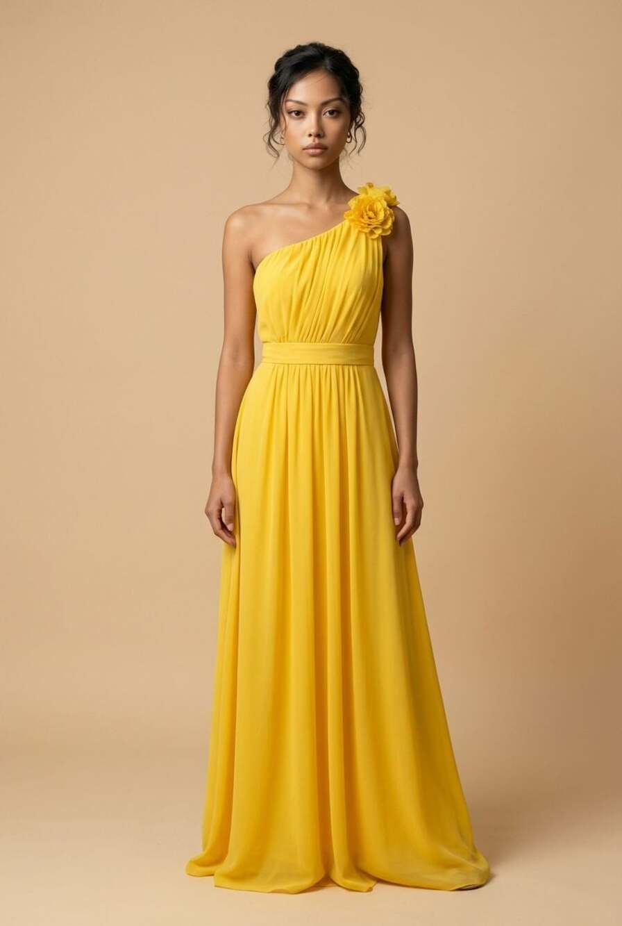 After Six One-Shoulder Chiffon Gown with Ruffle Detail